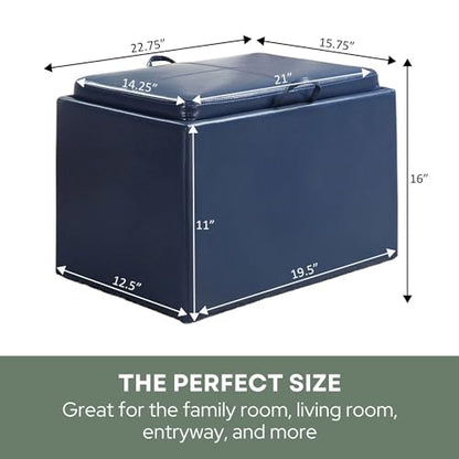 Designs4Comfort Accent Storage Ottoman 22.75" - Modern Foot Stool with Decorative Tray for Living Room, Dining Room, Office, Blue Faux Leather