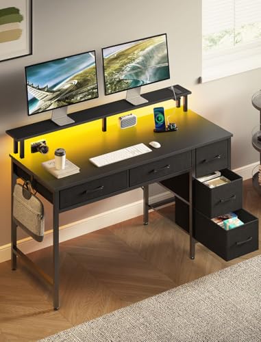 Computer Desk with Drawers, 55 Inch Desk with Drawers Home Office Desks, Computer Desk Office Desk with Power Outlets & LED Light, Monitor Stand Work Table Black