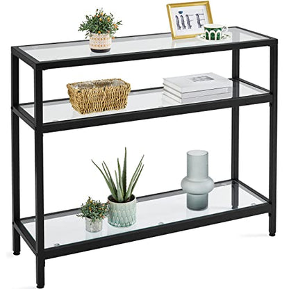 Yaheetech 39.5" Console Table with 3 Storage Shelves,Tempered Glass Sofa Table, Modern Entryway Tables with Metal Frame for Hallway Living Room Bedroom, Easy Assembly, Black
