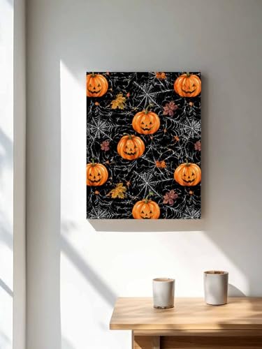 NuYeBiofx Halloween Scary Pumpkins Canvas Wall Art Prints,48"x32" Framed Picture Artwork Spiderwebs on Black Printed Canvas Oil Painting for Living Room Bedroom Office,Ready to Hang