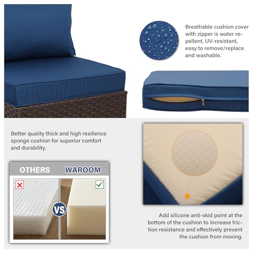 Outdoor Patio Furniture Set 7 Pieces Wicker Sectional Sofa Brown Rattan Conversation Couch with Coffee Table, Anti-Slip Thick Nave Blue Cushion