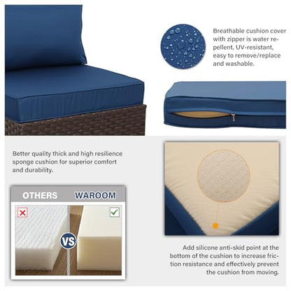 Outdoor Patio Furniture Set 7 Pieces Wicker Sectional Sofa Brown Rattan Conversation Couch with Coffee Table, Anti-Slip Thick Nave Blue Cushion