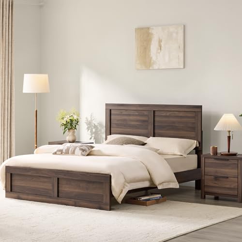 3 Pieces Bedroom Set, Wood Bed Frame with Upholstered Headboard & 2 Nightstands with Storage, Wooden Platform Mattress Foundation Farmhouse Bedroom Furniture Set