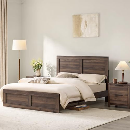 3 Pieces Bedroom Set, Wood Bed Frame with Upholstered Headboard & 2 Nightstands with Storage, Wooden Platform Mattress Foundation Farmhouse Bedroom Furniture Set