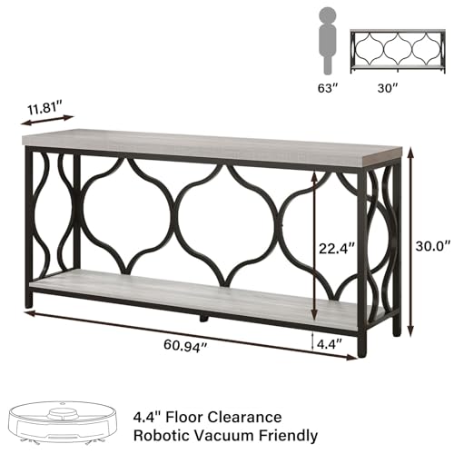 Narrow extra long Sofa Console Table, 63 Inch Modern Entryway Table Behind Couch with Storage shelf, 2-Tier Industrial Wooden Metal Hallway Accent Sofa Tables for Living Room Foyer, Light Grey Oak