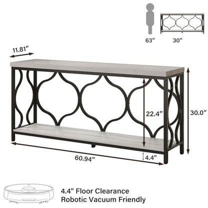 Narrow extra long Sofa Console Table, 63 Inch Modern Entryway Table Behind Couch with Storage shelf, 2-Tier Industrial Wooden Metal Hallway Accent Sofa Tables for Living Room Foyer, Light Grey Oak