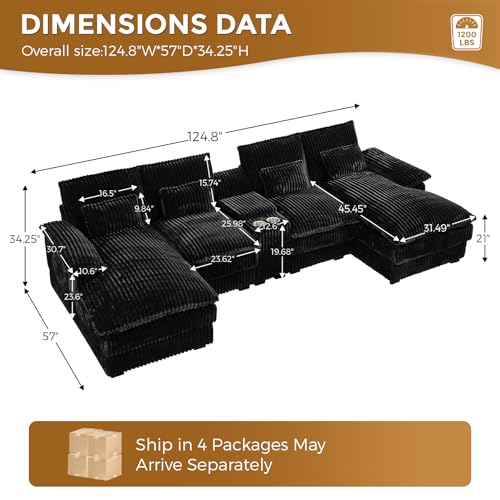 124" U Shaped Cloud Couch Sectional, Comfy Fluffy Plush Corduroy Black Sectional Couches for Living Room, Modern Modular Corduroy Couch Sectionals with Central Console & Double Chaise Lounge