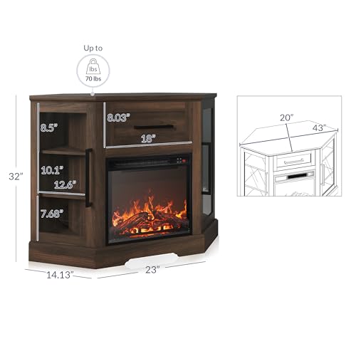 43" Corner TV Stand with 18" Electric Fireplace Heater for TVs up to 43", Modern Corner Wood Entertainment Center with Glass Door Storage Cabinets - Dale (Dark Walnut)