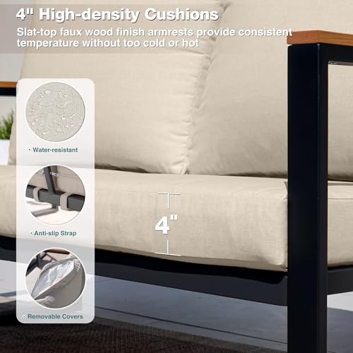 Patio Furniture Set, 4 Pieces Outdoor Patio Furniture with Coffee Table Set, Metal Patio Conversation Sets with Washable and High-Resiliency Sponge Cushions, Upgarded Beige
