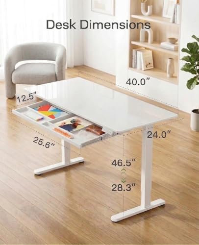 40 x 24 inch Glass Standing Desk with 4-Zone Drawer Storage, White, view 3