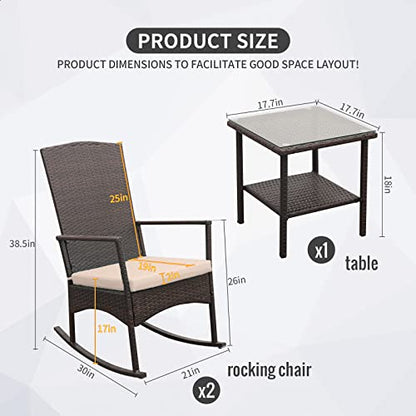 Outdoor HDPE Wicker Rocking Chair 3-Piece Patio Rattan Bistro Set 2 Rocker Armchair and Glass Coffee Side Table Furniture Washable Lacing Cushions, Khaki