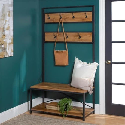 August Modern Farmhouse X Back Hall Tree with Bench, 72 Inch, Barnwood