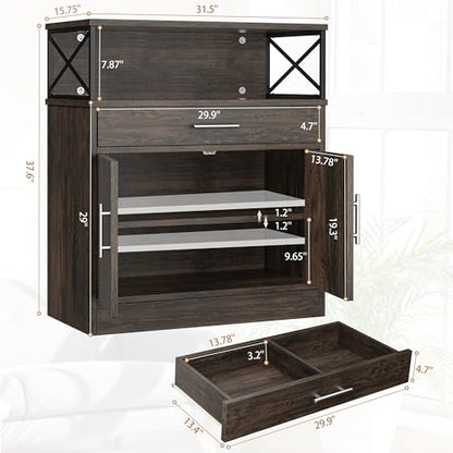 Kitchen Storage Cabinet with Adjustable Shelves and Drawers, Modern Buffet Sideboard, Wood Buffet Cabinet with Doors, Floor Cabinet Cupboard for Coffee Bar Living Room, Dark Brown