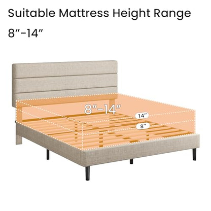 Queen Platform Bed Frame with Adjustable Linen Fabric Upholstered Headboard, view 6