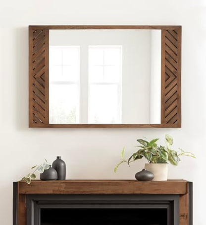 Mezzeta Modern Wooden Chevron Rectangle Wall Mirror, 24 x 36, Natural Wood, Transitional Herringbone Wood Mirror for Use as Vanity Bathroom Mirror or Rectangular Bedroom Mirror Option