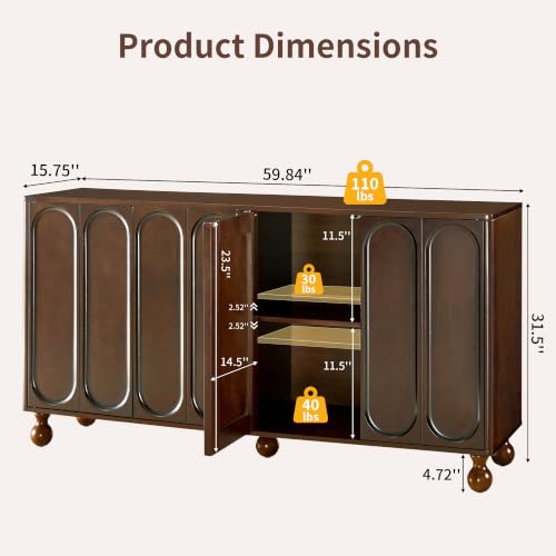 60" Wood-Grain Sideboard Buffet Cabinet with Storage,3D Arched,Walnut, view 3