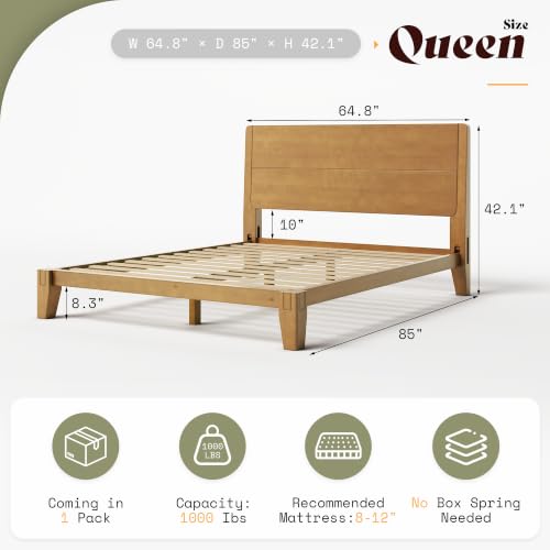 Solid Wood Queen Bed Frame with Headboard, Japanese Joinery, Brown, view 3