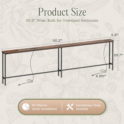 110.2 Inch Behind Couch Table with 2 Power Outlets and USB-C Ports, Extra Long Narrow Sofa Table for Sectional Sofa, Skinny Console Table with Anti-Bump Pads, for Living Room, Rustic Brown