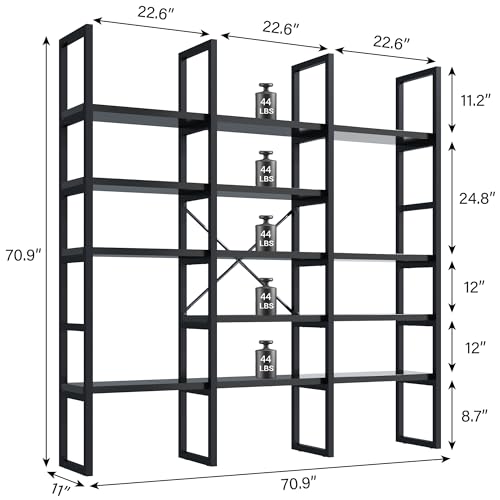 Large Bookshelf 5 Tiers, Triple Wide Geometric Bookcase, 71 Inches Tall Industrial Book Shelves Etagere Book Case, Sturdy Metal Frame, Freestanding Display Shelving Unit (Black)