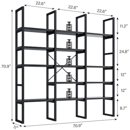 Large Bookshelf 5 Tiers, Triple Wide Geometric Bookcase, 71 Inches Tall Industrial Book Shelves Etagere Book Case, Sturdy Metal Frame, Freestanding Display Shelving Unit (Black)