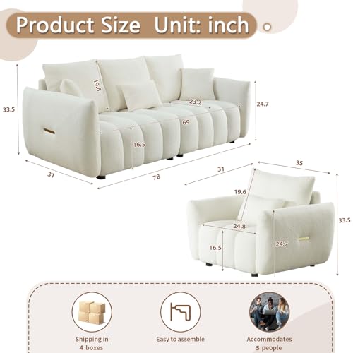 Set of 3 Teddy Sofa for Living Room, Modern 2 Units Deep Seat Sofa Chairs and an Oversized 3-Seater Cloud Boucle Couch for Bedroom, Office, Apartment, Furniture Set, Beige (3 Pieces)