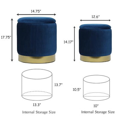 Blue Round Ottoman with Storage Set of 2 Upholstered Velvet Vanity Stool for Living Room Small Ottoman Coffee Table with Removable Lid Foot Stool for Living Room, Bedroom, Hallway, Assembly Free