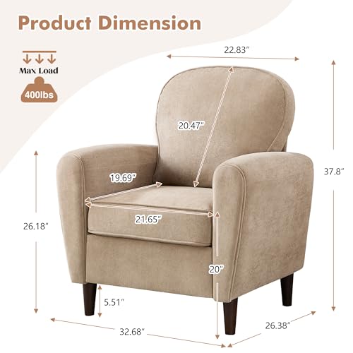 Accent Chair Set of 2, Mid Century Modern Arm Chair with Thick Cushion and Back, Comfy Upholstered Reading Chair Single Sofa Chair for Living Room, Bedroom, Club, Khaki