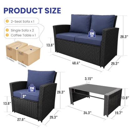4 Piece Outdoor Wicker Patio Furniture Set, Black/Blue | Sectional Sofa | All-Weather Hand-Woven Rattan | Tempered Glass Coffee Table | Durable Fabric | Indoor & Outdoor Use
