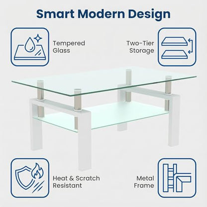 Glass Coffee Table for Living Room, Modern Coffee Table with Transparent Tempered Glass Top and White Metal Legs, Rectangle Tea Table for Home