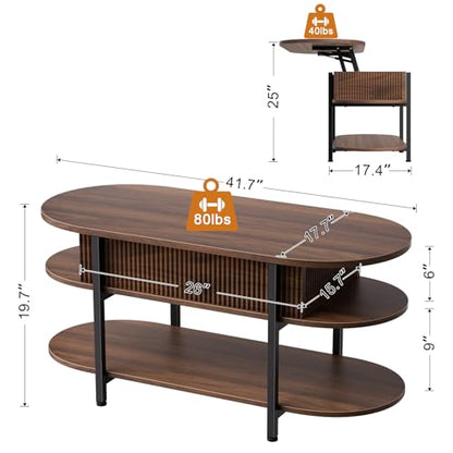 41.7" Fluted Oval Lift Top Coffee Table with Hidden Storage, Walnut | Fluted Wood Center Table, 3 Tier Small Tables with Curved Edge, Modern Narrow Coffee Table for Living Room Reception Room