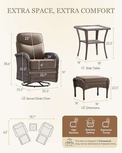 Upgraded 6“ Cushion Luxury 5 Pieces Patio Furniture Set - All Weather Wicker Outdoor Swivel Rocker Patio Chairs of 2 with Ottomans, High Back Glider Chairs Set for Deck Porch - Brown/Grey