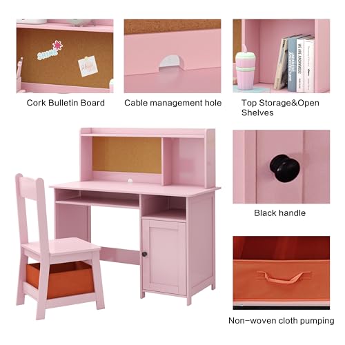Pink Kids Desk and Chair Set, Kids Desk Chair with Storage and Shelf, Wooden Kids Table and Chairs for Bedroom and Study, Craft Table with Storage Gifts for Girls to Study