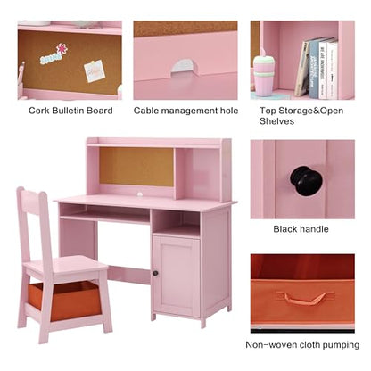 Pink Kids Desk and Chair Set, Kids Desk Chair with Storage and Shelf, Wooden Kids Table and Chairs for Bedroom and Study, Craft Table with Storage Gifts for Girls to Study