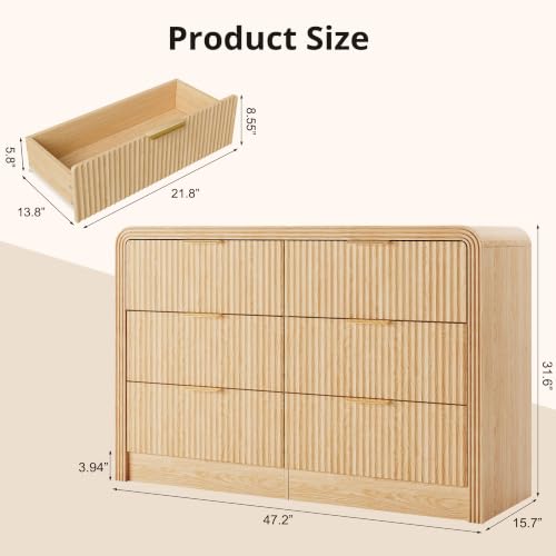 Fluted 6-Drawer Dresser Modern Wood Chest Organizer with Anti-Tip, view 3