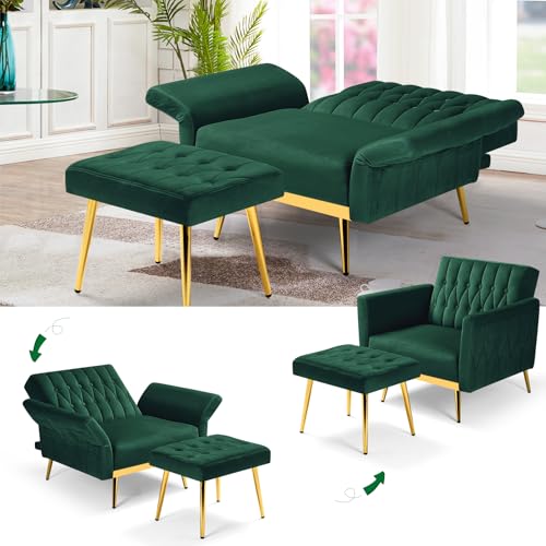 Velvet Accent Chair with Adjustable Armrests and Backrest, Button Tufted Lounge Chair, Single Recliner Armchair with Ottoman and Pillow for Living Room, Bedroom, Green
