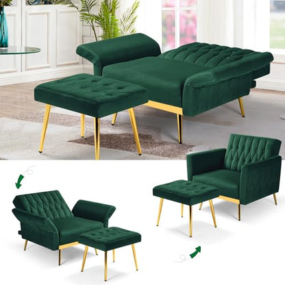 Velvet Accent Chair with Adjustable Armrests and Backrest, Button Tufted Lounge Chair, Single Recliner Armchair with Ottoman and Pillow for Living Room, Bedroom, Green