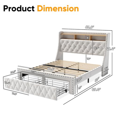 Queen Size Bed Frame with 3-Tier Storage & Headboard Load 1000lbs, view 3