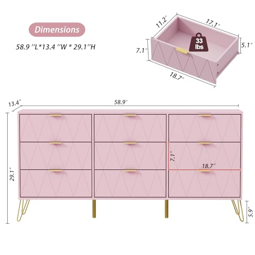 Pink 9 Drawer Dresser for Bedroom with Gold Handles, Long Dresser & Chest of Drawers with Deep Drawers, Modern Wood Dressers for Closet Living Room（Pink）