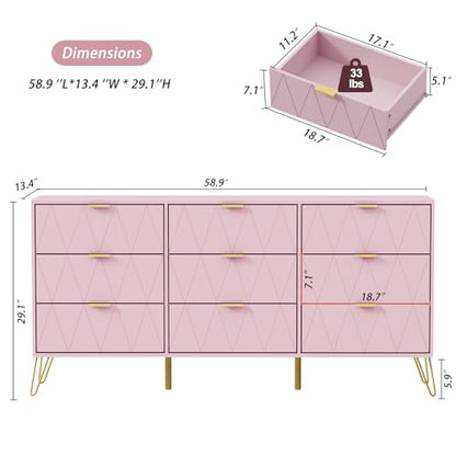 Pink 9 Drawer Dresser for Bedroom with Gold Handles, Long Dresser & Chest of Drawers with Deep Drawers, Modern Wood Dressers for Closet Living Room（Pink）