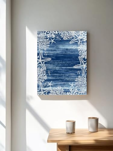 NuYeBiofx Summer Ocean Starfish Coral Canvas Wall Art Prints,48"x32" Framed Picture Artwork Coastal Navy Blue Marine Creature Printed Canvas Oil Painting for Living Room Bedroom Office,Ready to Hang