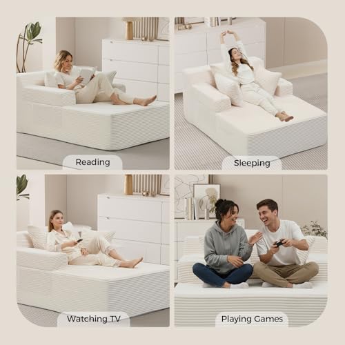 65" Chaise Lounge Chair Indoor, Oversized Corduroy Sofa Bed with 3 Pillows, view 6