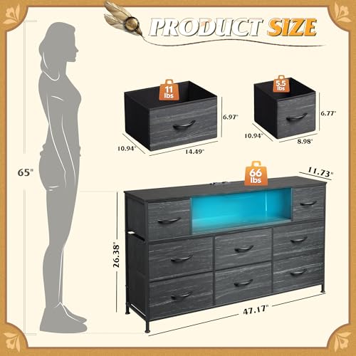 Dresser TV Stand for 55 Inch TV, 8 Drawers, LED, Black Wood Grain, view 5