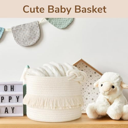 Small Woven Storage Baskets, 9.5'' x 7'' inches Cotton Rope Decorative Hamper for Diaper, Blankets, Magazine and Keys, Cute Tassel Nursery Decor - Home Storage Container, Off-white