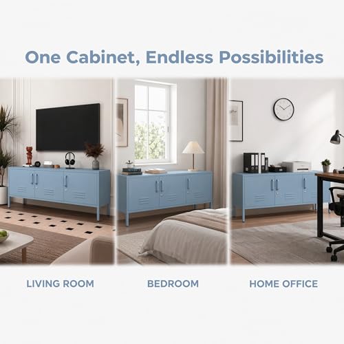 Blue Industrial Metal TV Stand with Lockable Storage Cabinet, view 6