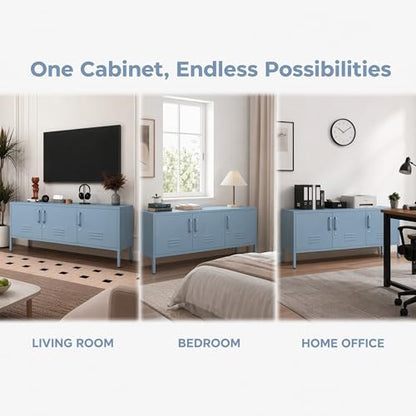 Blue Industrial Metal TV Stand with Lockable Storage Cabinet, view 6