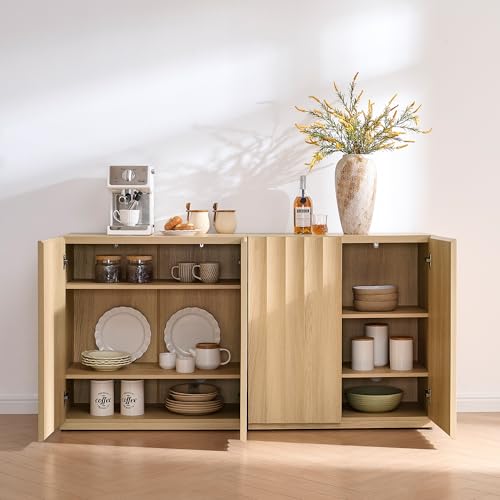 Sideboard Cabinet, 62.74" Buffet Fluted Cabinet, Light Oak, view 7