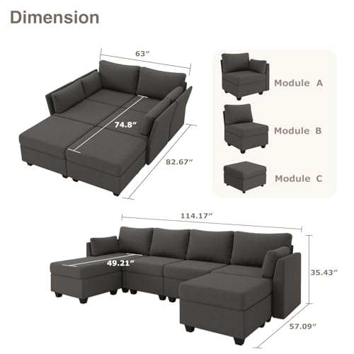 Modular Sectional Sofa with Storage, U Shaped Sectional Couch for Living Room, Convertible Modular Sofa Couch with Ottomans, High Supportive & Soft Sponge, 6 Seat, Darkgrey