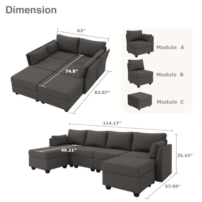 Modular Sectional Sofa with Storage, U Shaped Sectional Couch for Living Room, Convertible Modular Sofa Couch with Ottomans, High Supportive & Soft Sponge, 6 Seat, Darkgrey