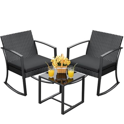 Resin Patio Furniture Set 3 Piece All Weather Outdoor Rocking Chairs with Cushions and Coffee Table for Bistro Balcony Porch (Black)