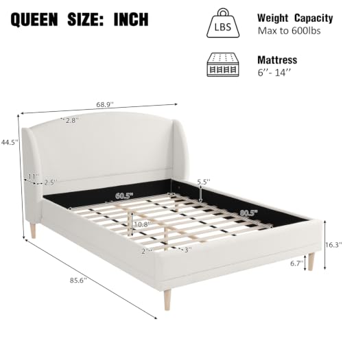Queen Upholstered Bed Frame with Wingback Headboard (White, Queen) | Cloud Boucle Platform Bed, Solid Wood Legs, Strong Wood Slats Support, No Box Spring Required